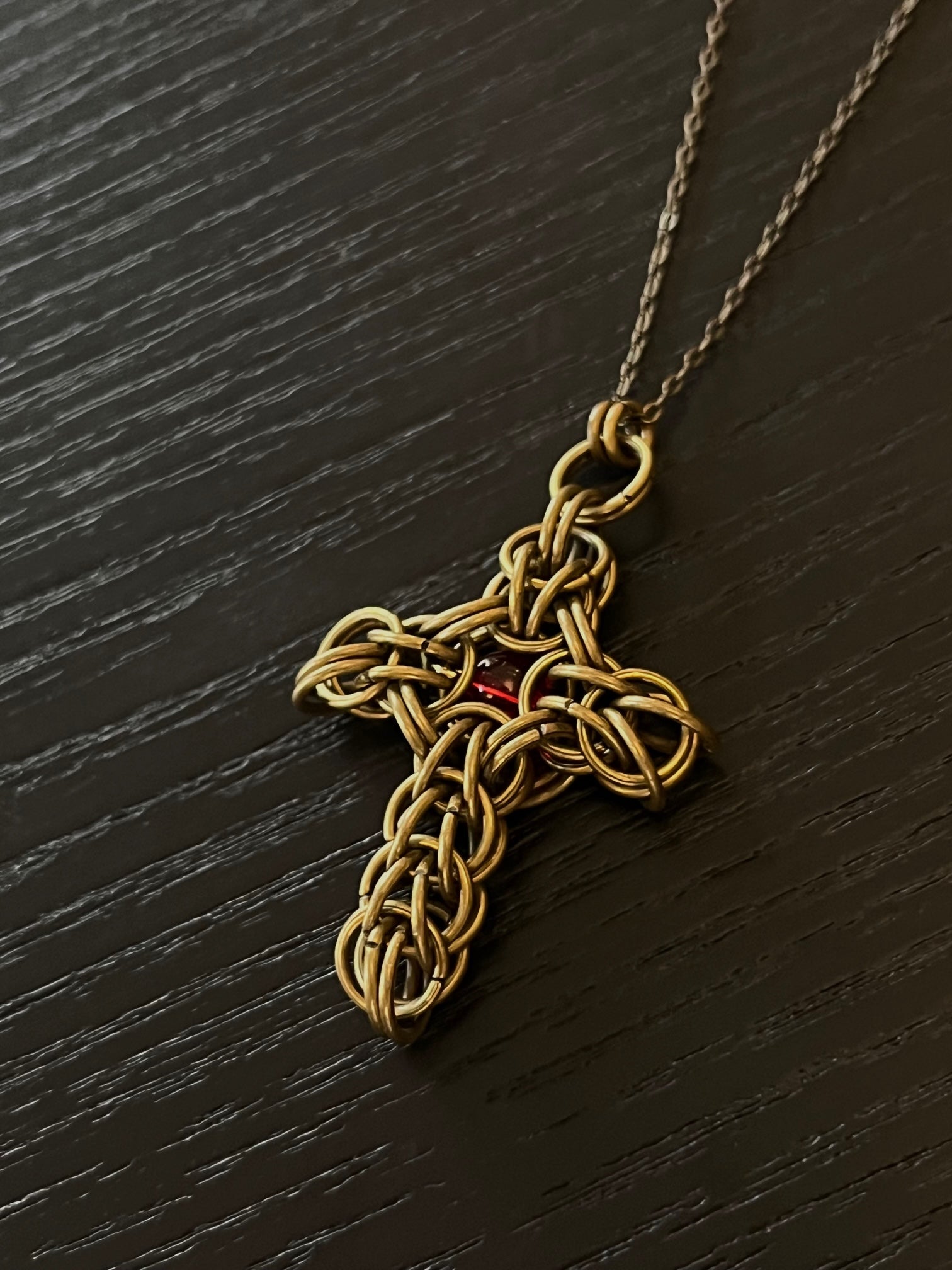 Thin Chainmail Antique bronze Red Stone Cross Necklace