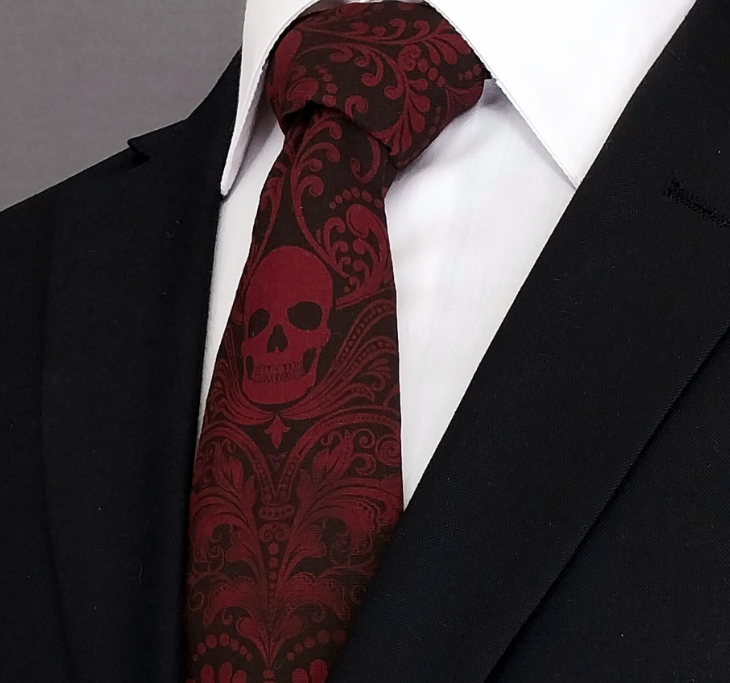 Burgundy Skull on Black Necktie