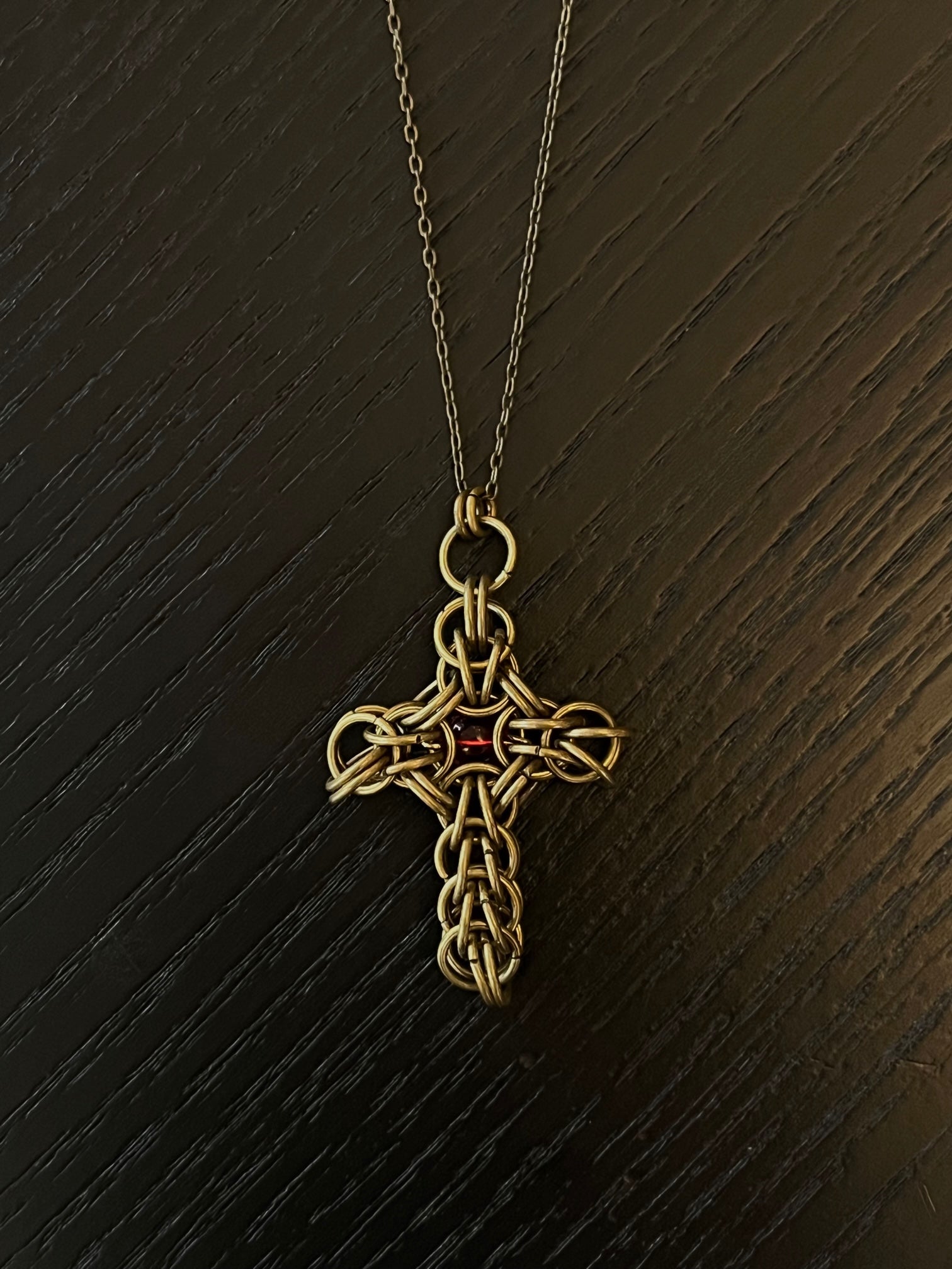 Thin Chainmail Antique bronze Red Stone Cross Necklace
