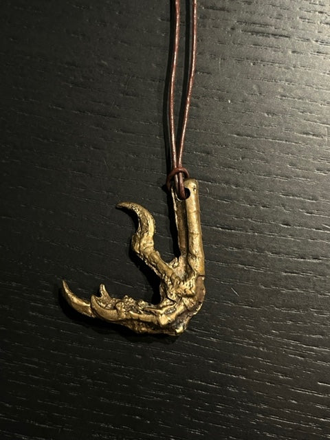 Hand molded bronze CROW CLAW NECKLACE with leather cord