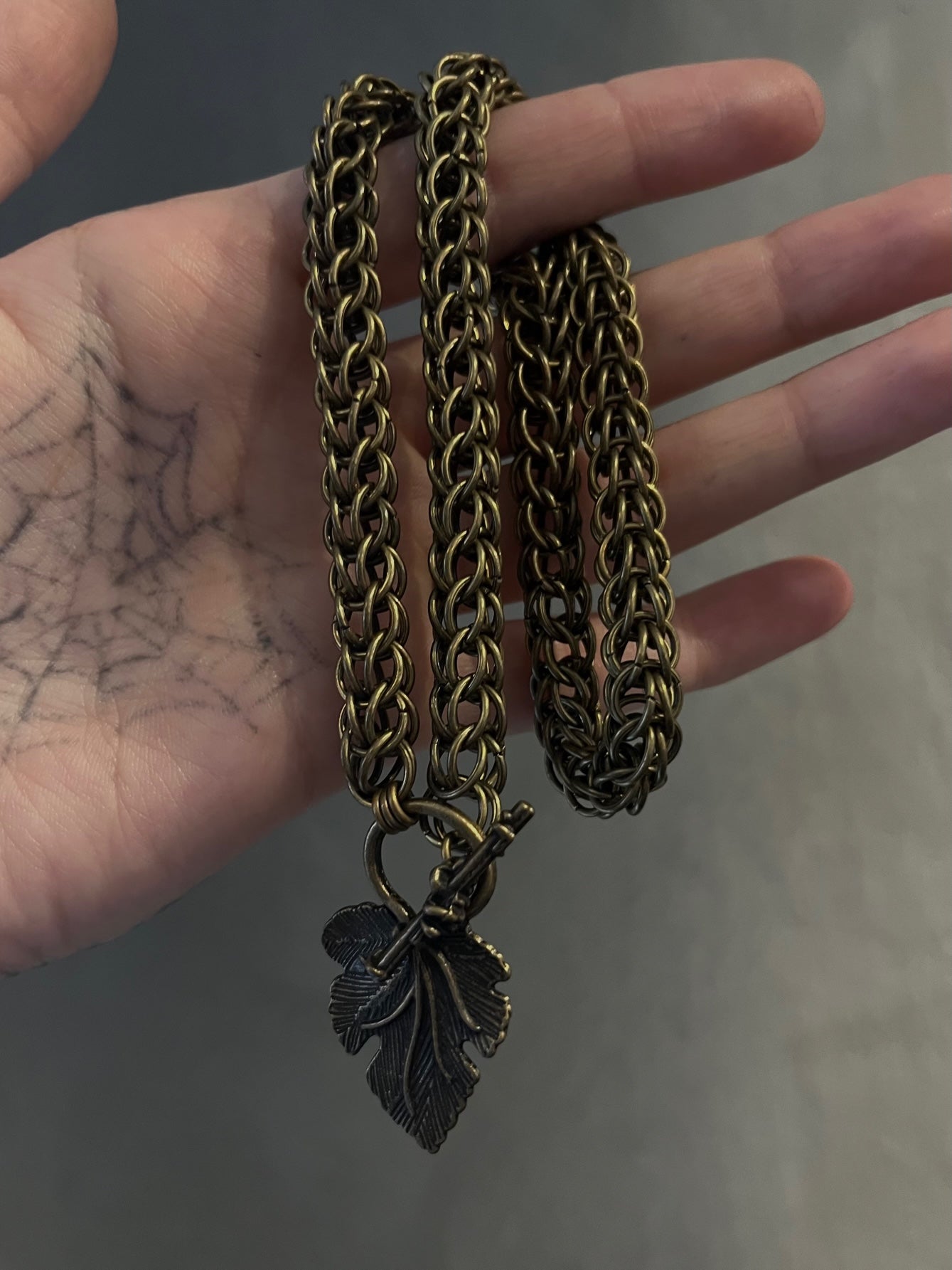 Chainmail Antique Bronze Leaf Pendant Necklace