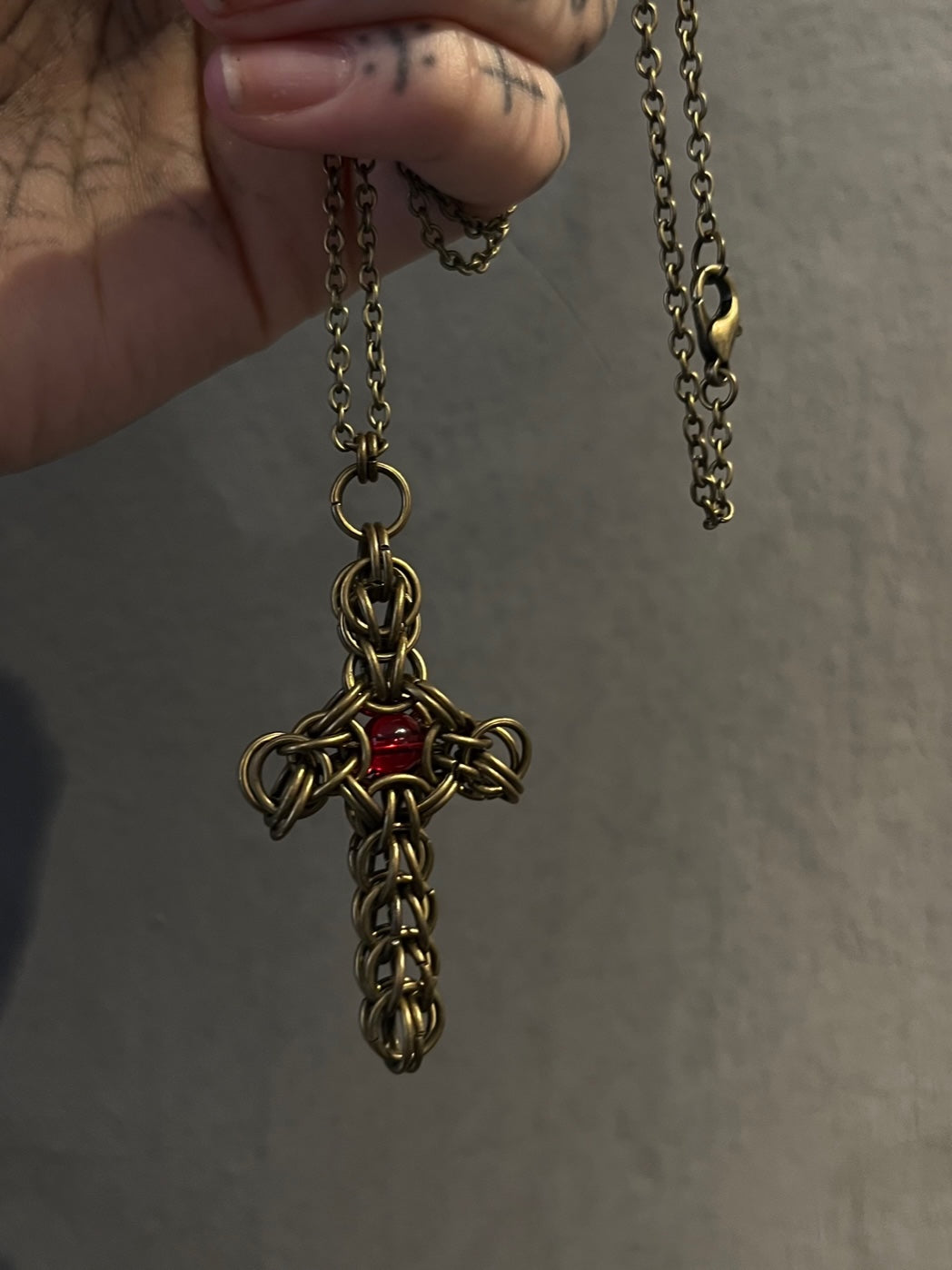 Thick Chainmail Antique Bronze Red Stone Cross Necklace