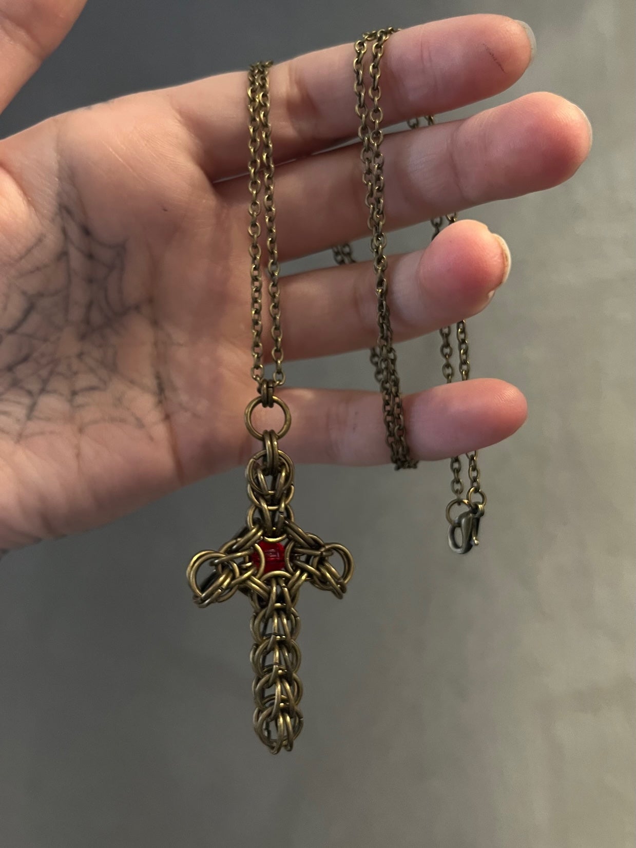 Thick Chainmail Antique Bronze Red Stone Cross Necklace
