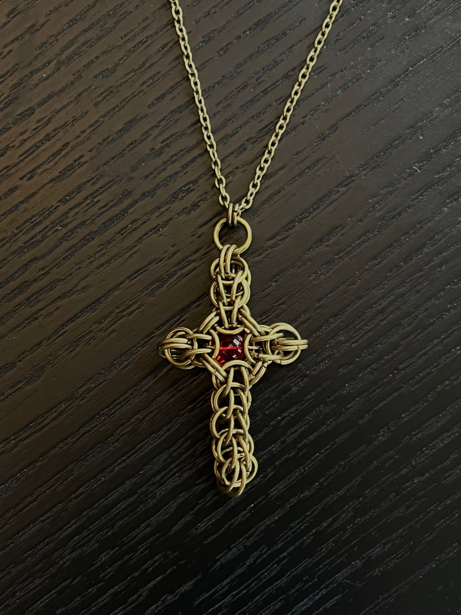 Thick Chainmail Antique Bronze Red Stone Cross Necklace