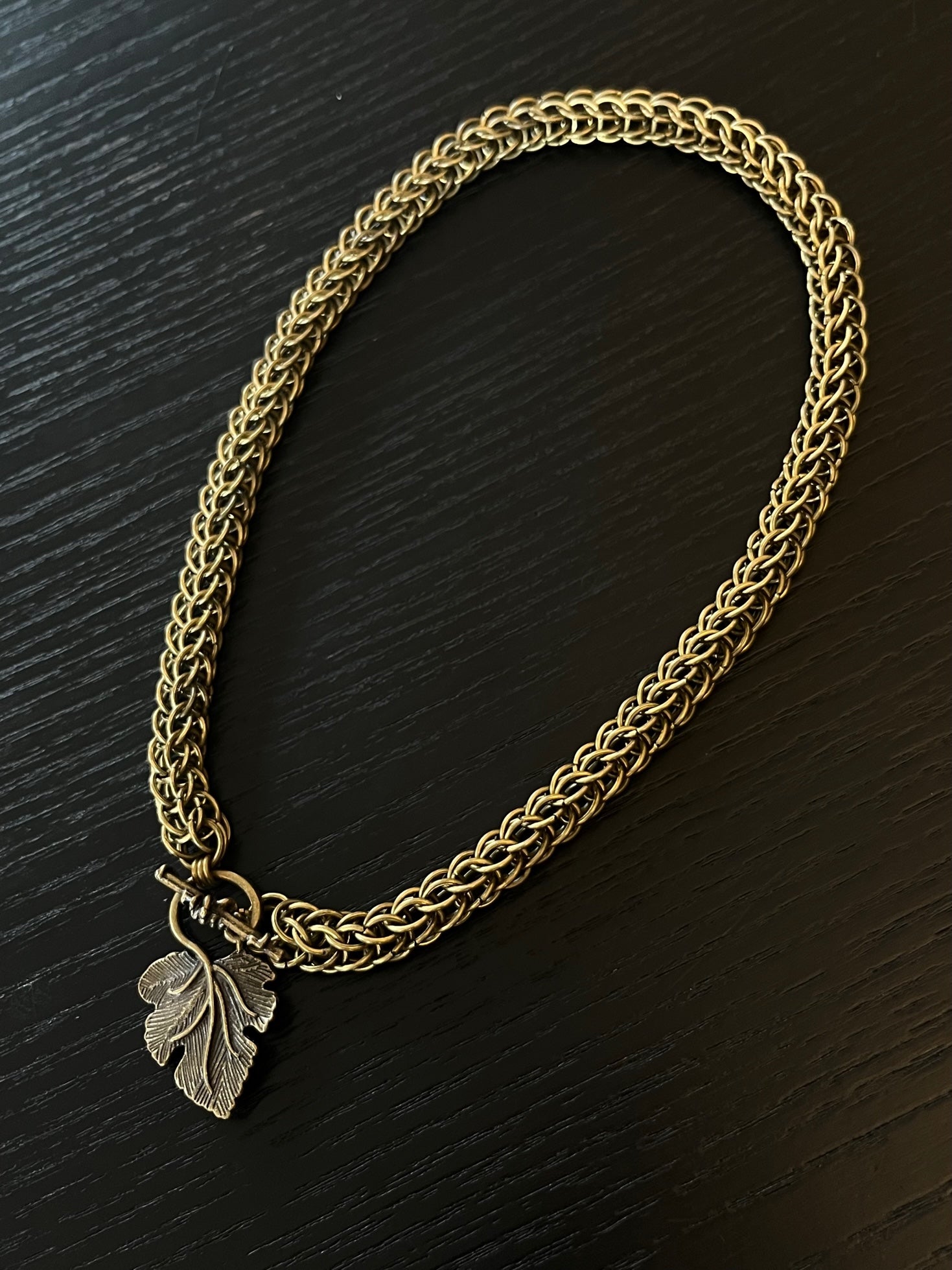 Chainmail Antique Bronze Leaf Pendant Necklace
