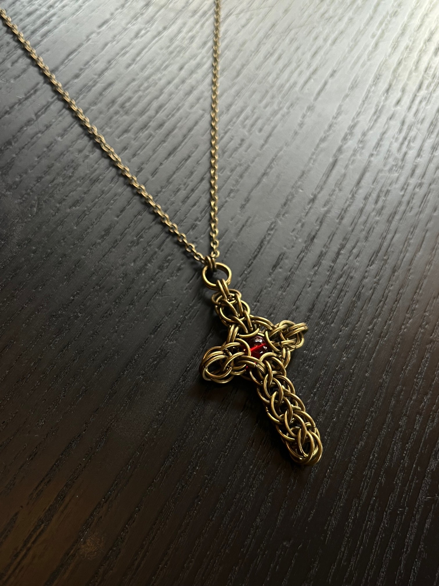 Thick Chainmail Antique Bronze Red Stone Cross Necklace