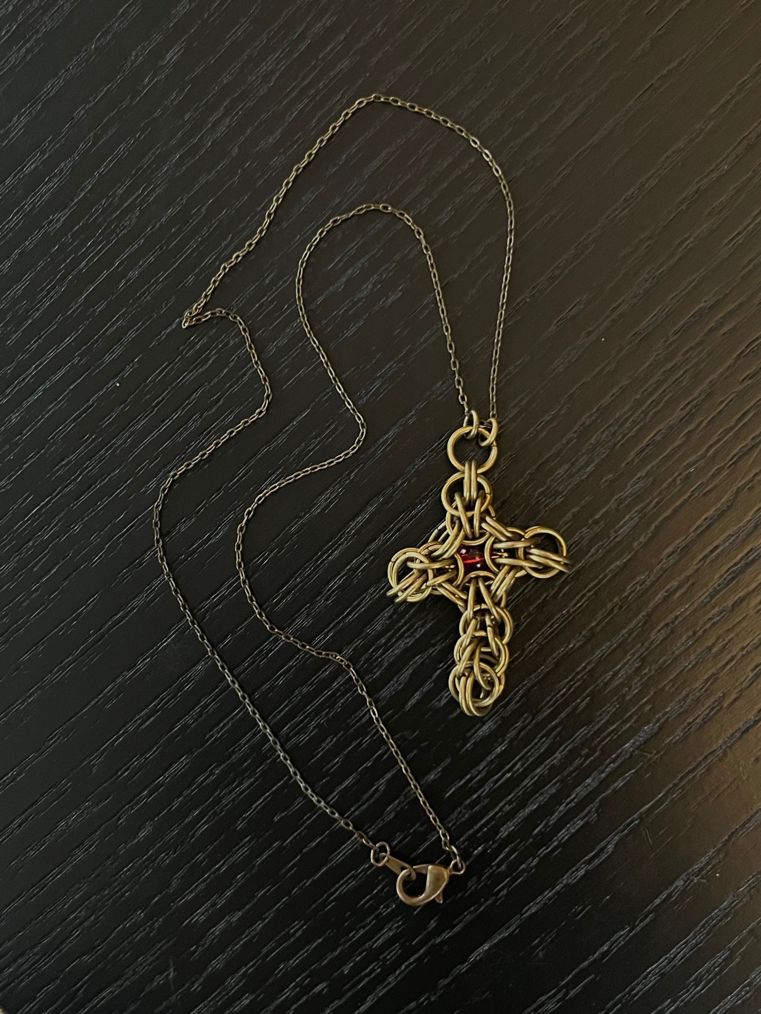 Thin Chainmail Antique bronze Red Stone Cross Necklace