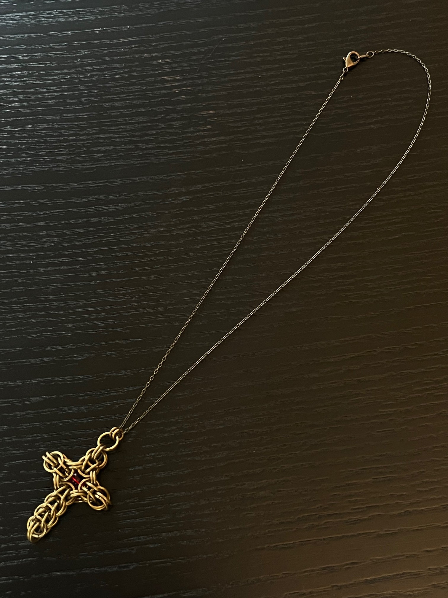 Thin Chainmail Antique bronze Red Stone Cross Necklace