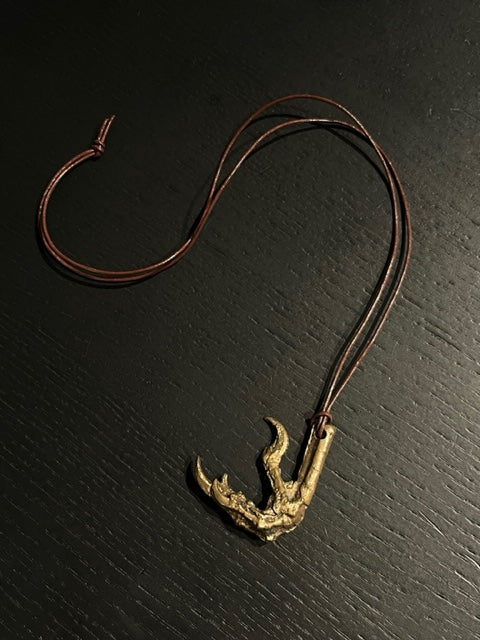 Hand molded bronze CROW CLAW NECKLACE with leather cord