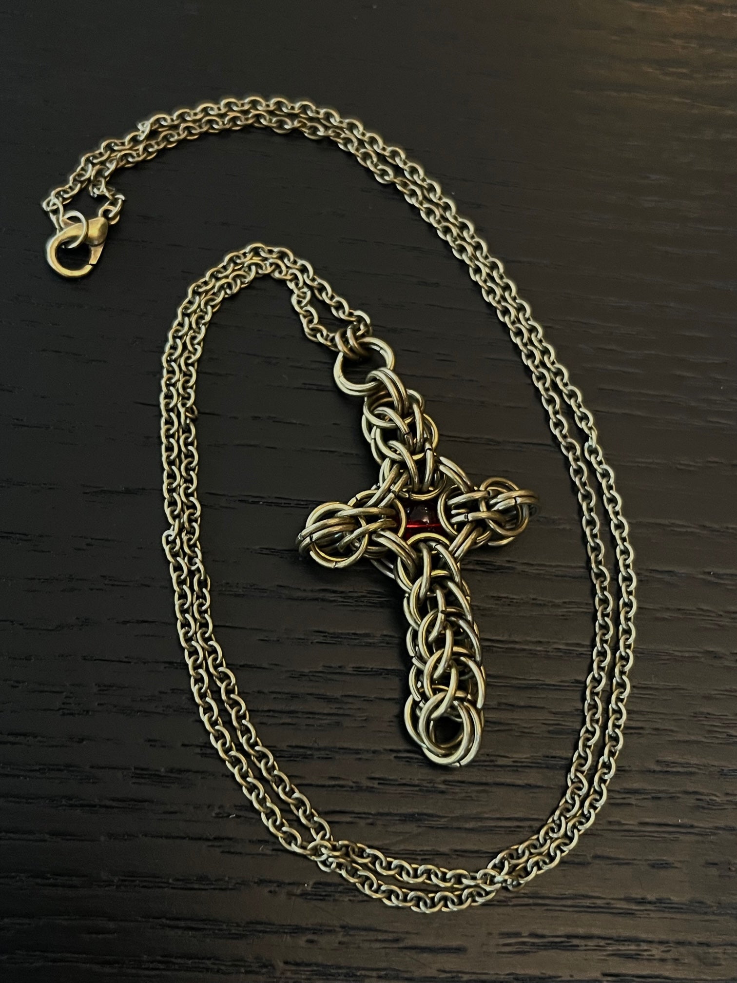 Thick Chainmail Antique Bronze Red Stone Cross Necklace