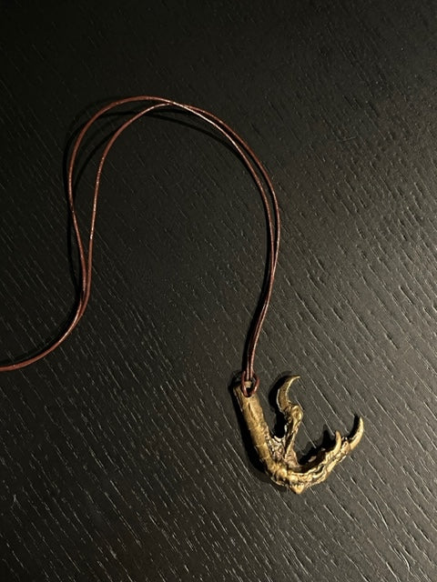 Hand molded bronze CROW CLAW NECKLACE with leather cord