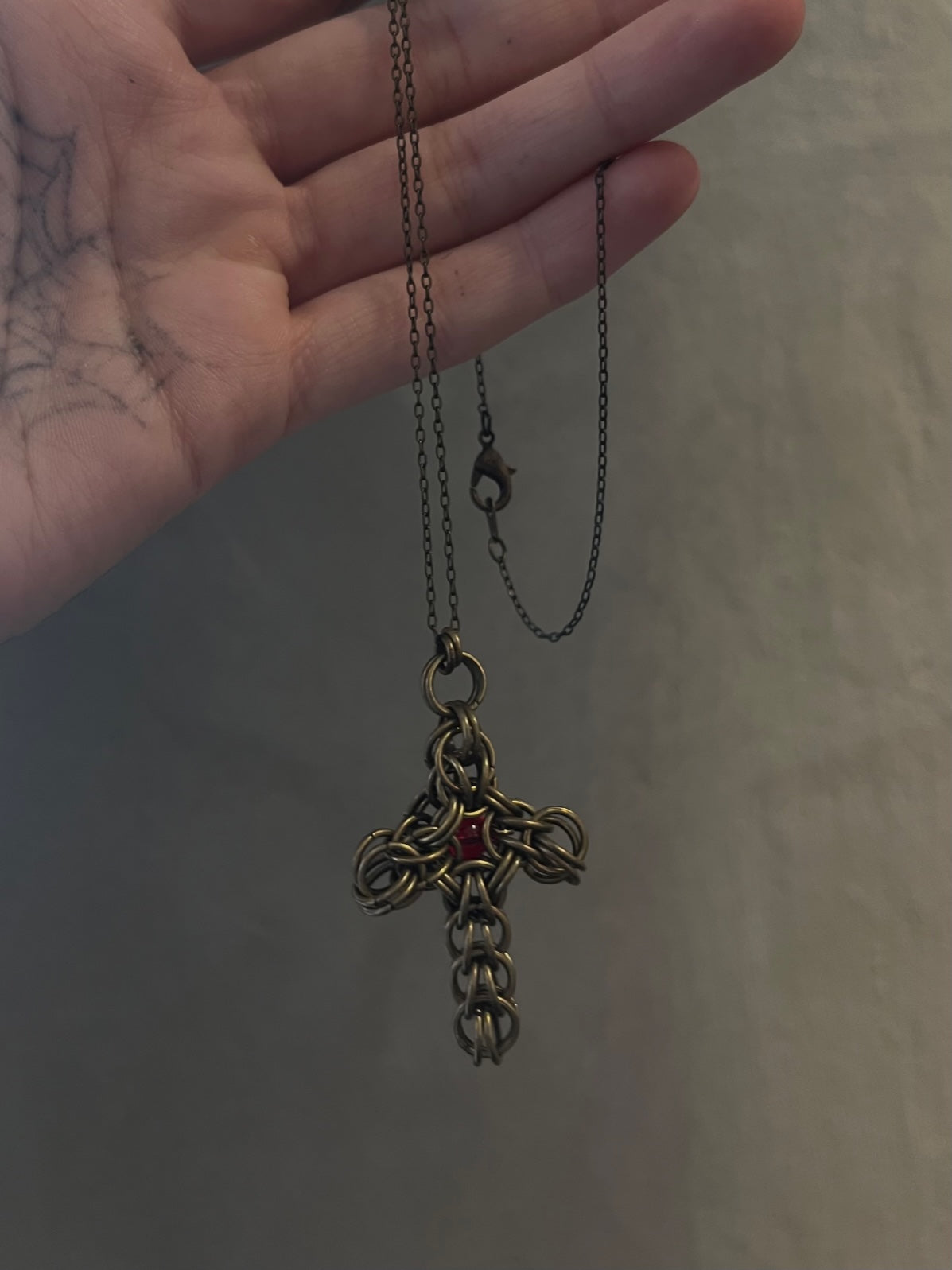 Thin Chainmail Antique bronze Red Stone Cross Necklace