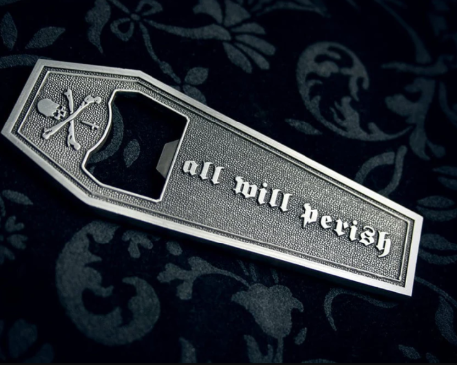 Coffin shaped, 2 sided, "all will perish" - BOTTLE OPENER