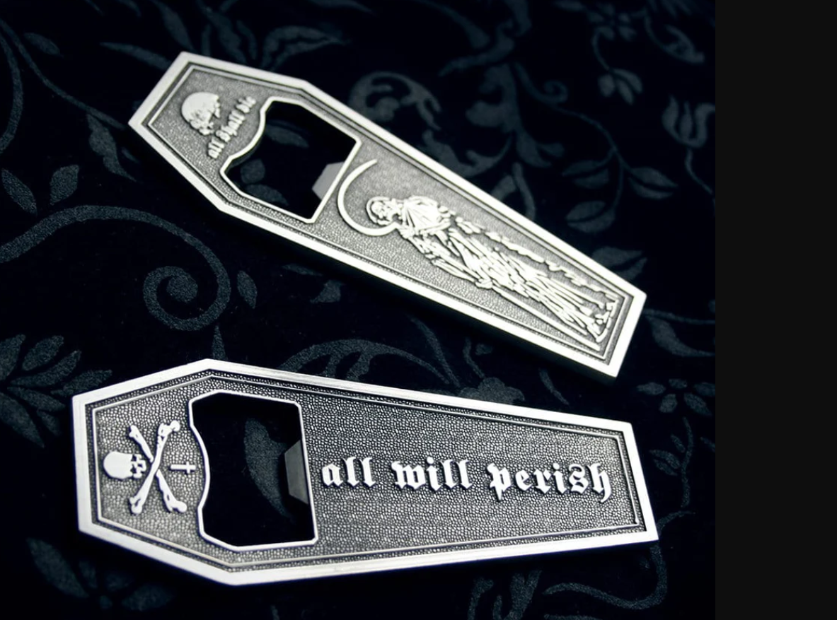 Coffin shaped, 2 sided, "all will perish" - BOTTLE OPENER